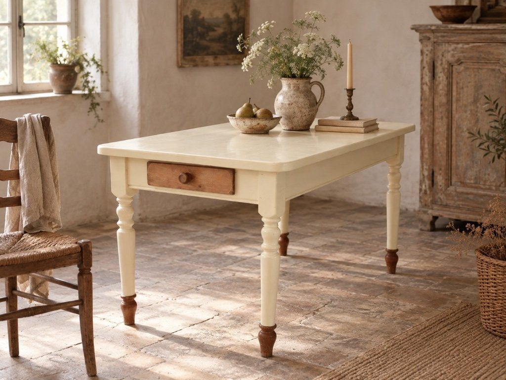 Landelijke brocante tafel crème met lade en aanzetblad, Ophalen
