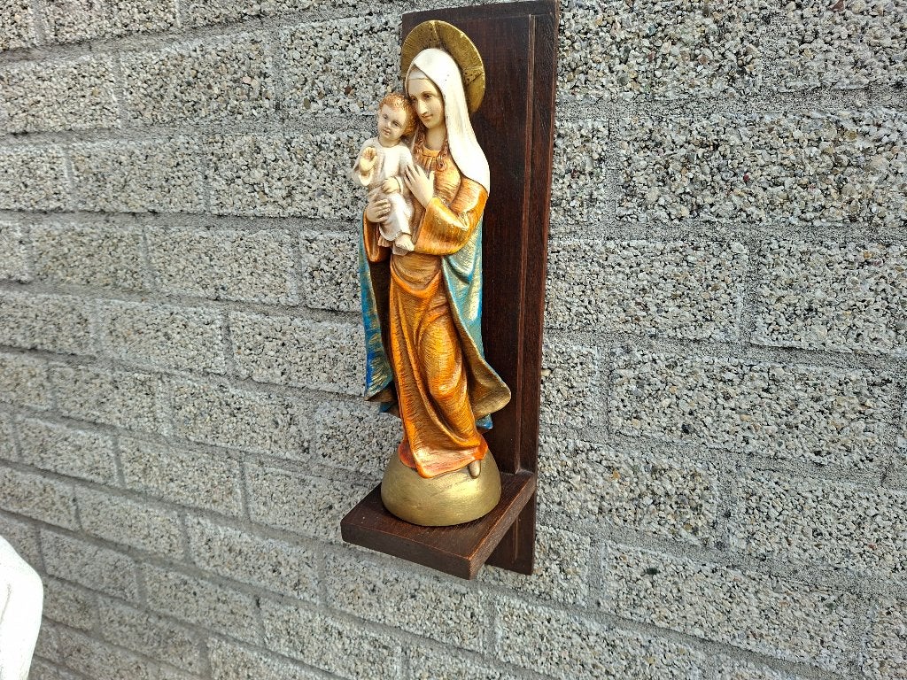 antiek schitterende gekleurde maria beeld met kindje jezus, Antiek en Kunst, Antiek | Religie, Ophalen of Verzenden