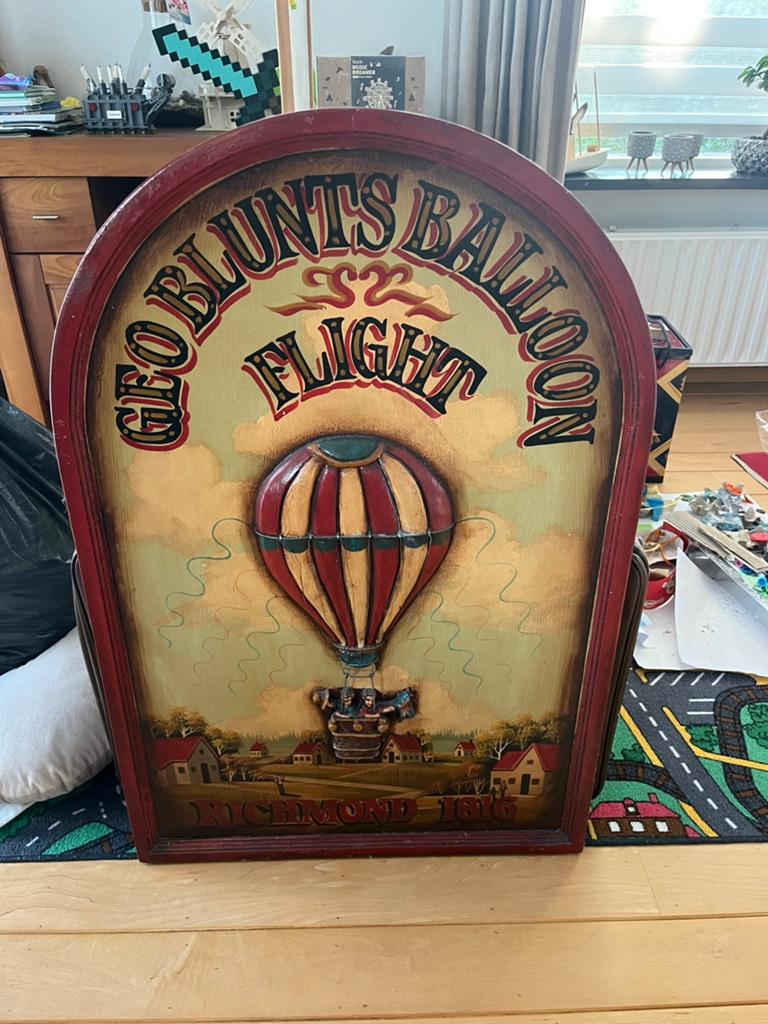 Vintage houten bord - Geo blunts balloon flight, Ophalen