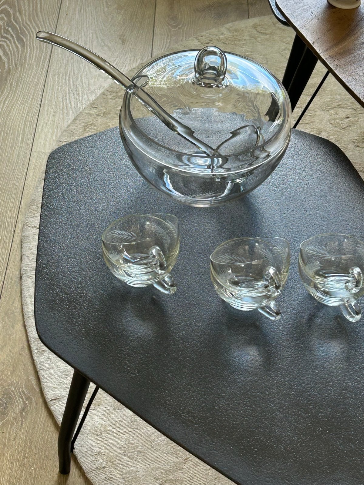 Glazen Punch Bowl Set met 3 Kopjes en Lepel, Antiek en Kunst, Ophalen