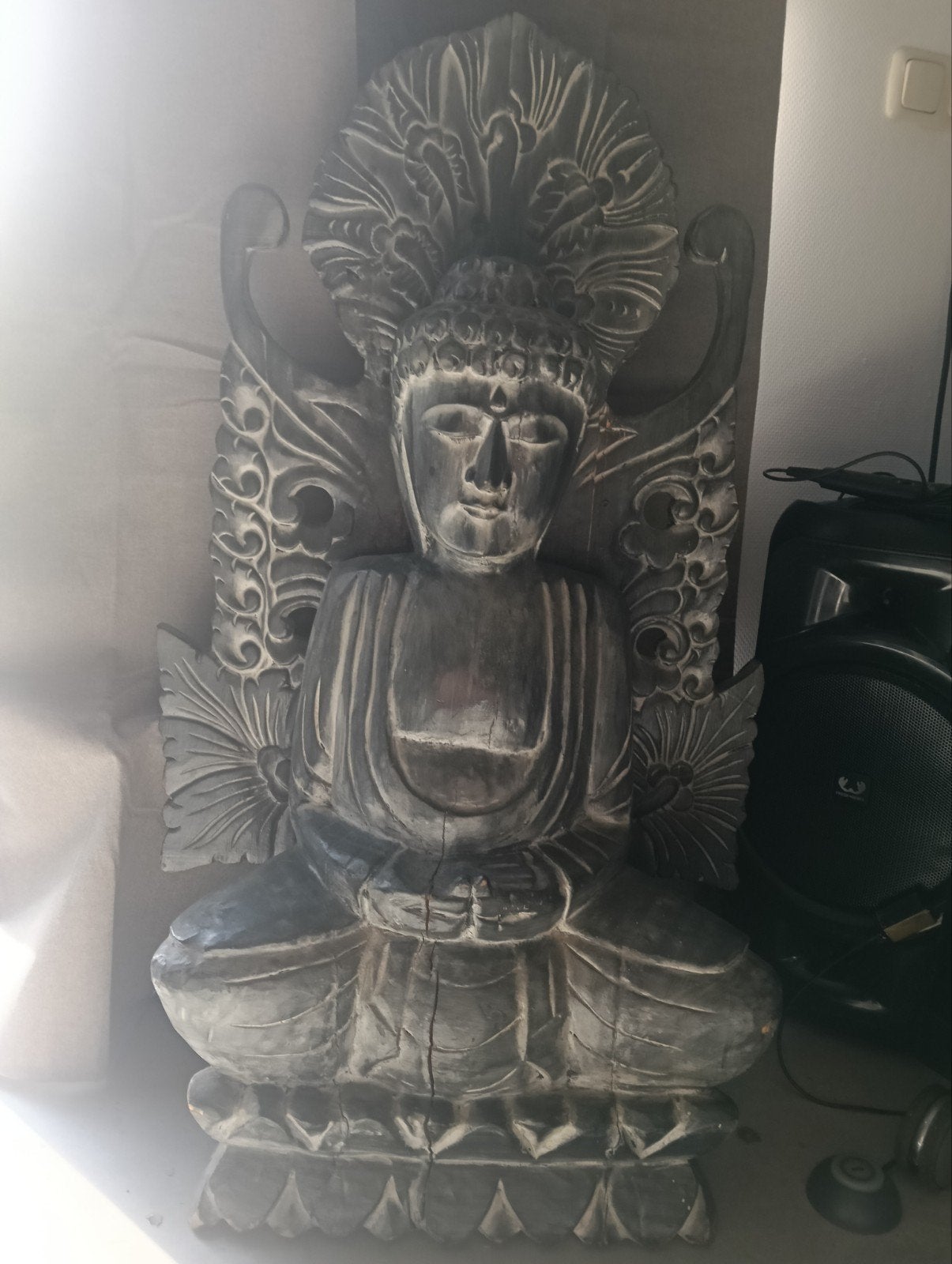 Grote handgemaakte Boeddha van houtsnijwerk, Huis en Inrichting, Ophalen, Gebruikt, 98 cm, Grijs
