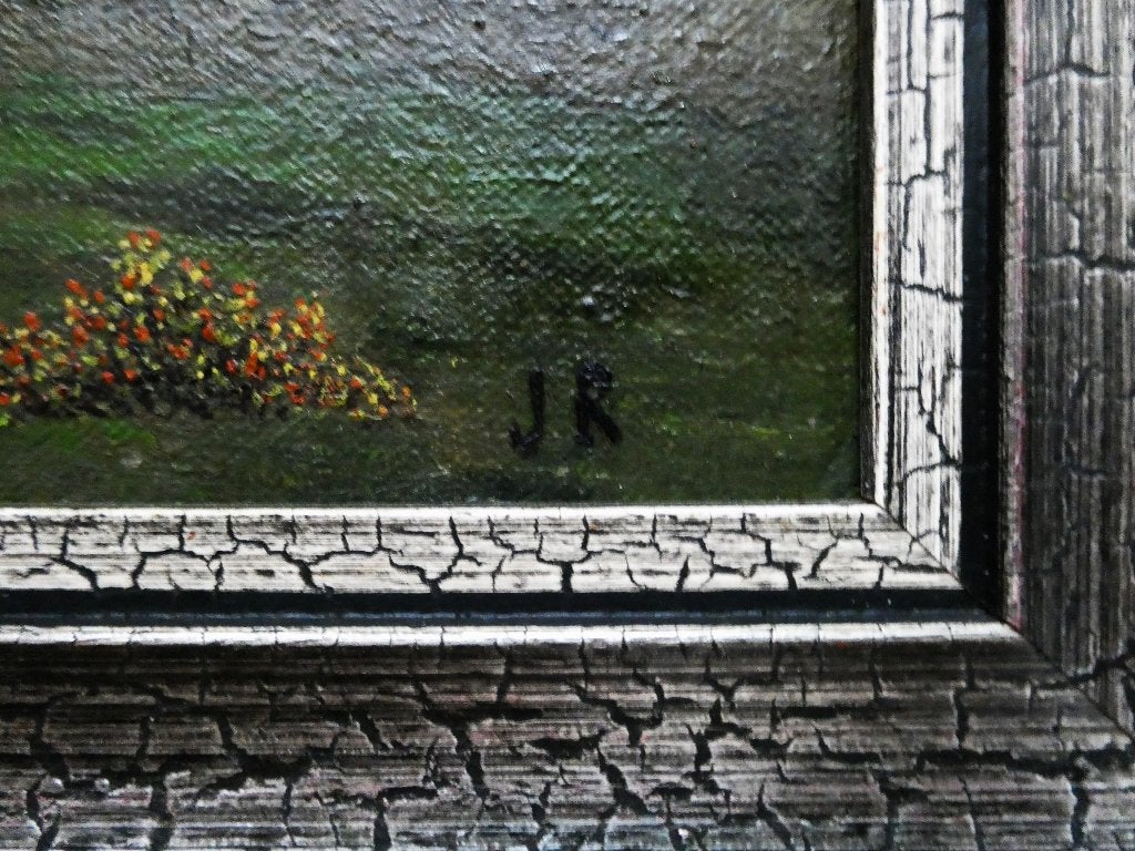Schilderij van een Begijnhof afkomstig uit België gesign. JR, Doek, Ophalen of Verzenden, Olieverf, Klassiek