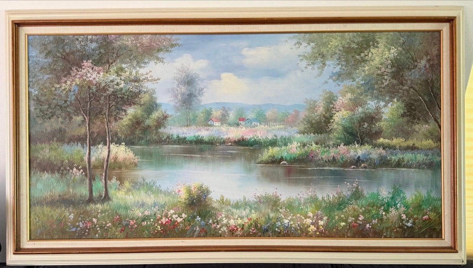 Groot olieverfschilderij Landschap aan het water 138x77cm, Ophalen, Doek, Landschap, Olieverf
