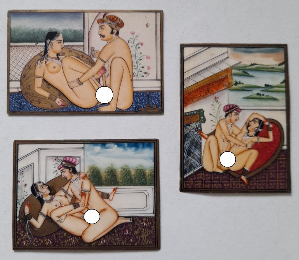 3 x India miniature erotic painting bone - Antiek ca. 1920, Verzenden