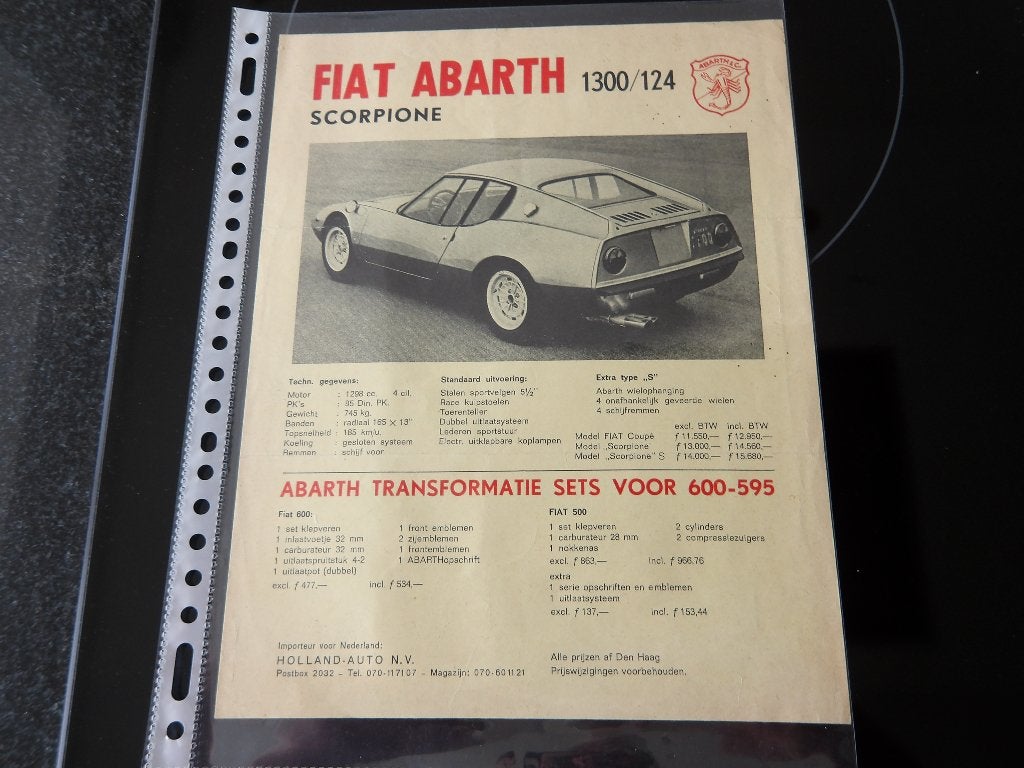 Fiat Abarth 1300/124 Scorpione Brochure, Abarth, Ophalen of Verzenden, Zo goed als nieuw, Overige merken