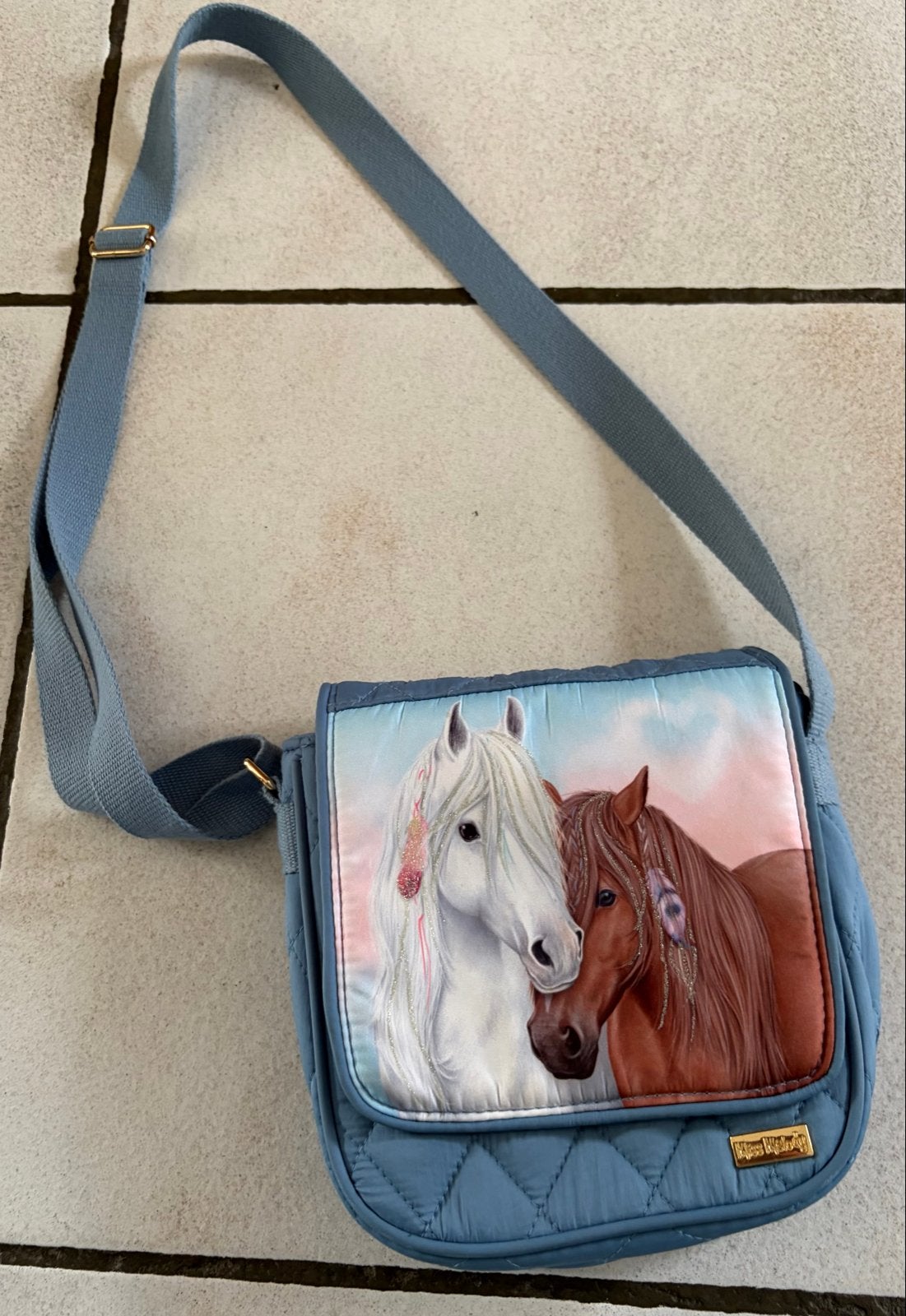 Schoudertasje met paardenprint - Miss Melody, Sieraden, Tassen en Uiterlijk, Ophalen of Verzenden, Gebruikt, Blauw, Overige merken