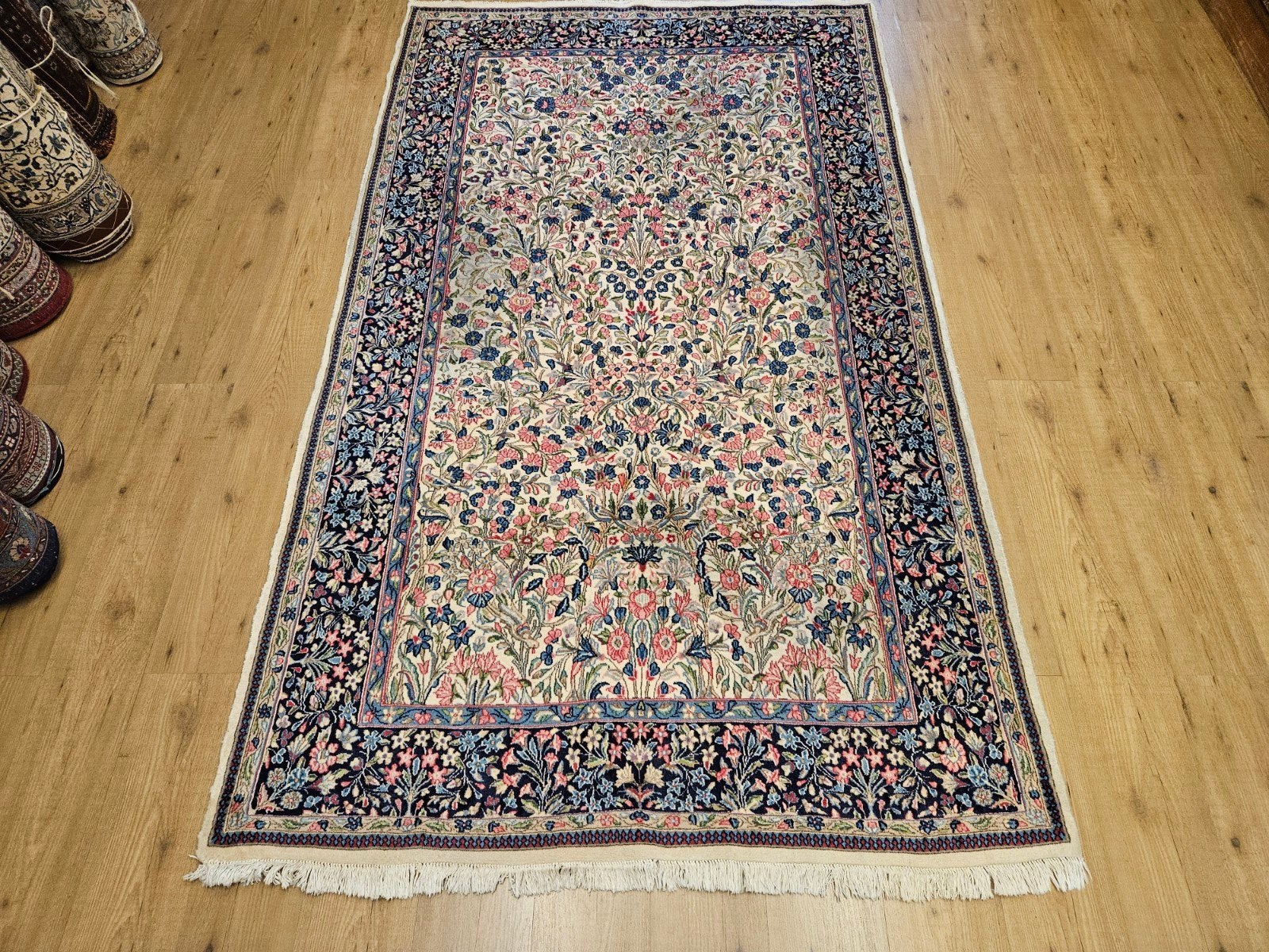 Vintage handgeknoopt perzisch tapijt kirman 256x148, Info@SlatsAntiek.nl, Tweedehands, Perzisch, 150 tot 200 cm