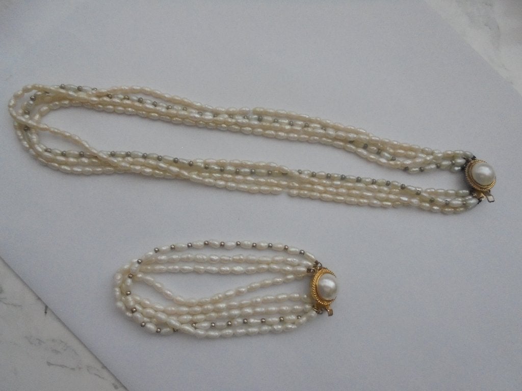 Vintage ketting met armband zoetwaterparels, Wit, Ophalen of Verzenden, Zo goed als nieuw, Steen of Mineraal