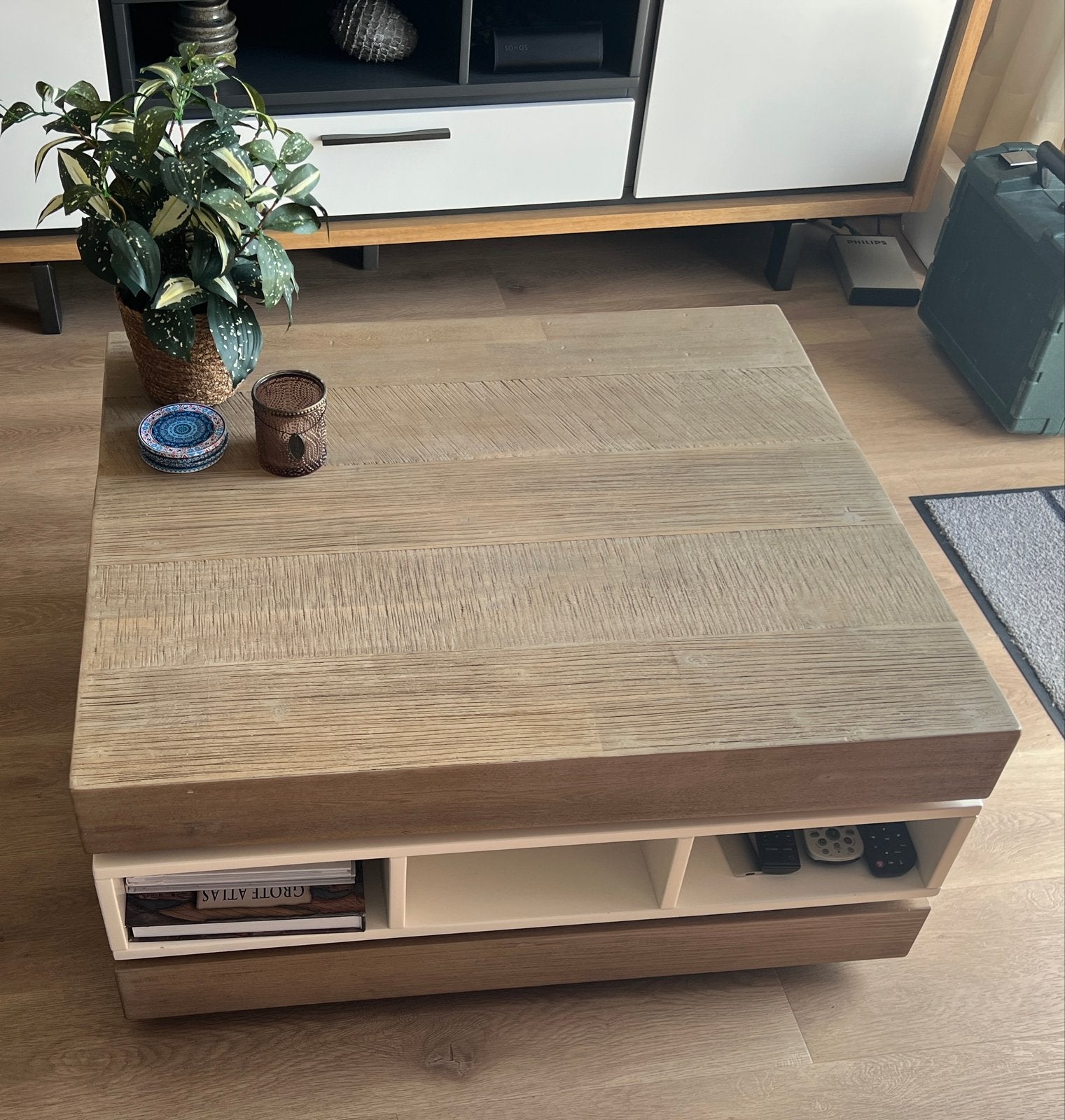 Salontafel met wielen en opbergruimte, Ophalen, Gebruikt, 50 tot 100 cm, Vierkant