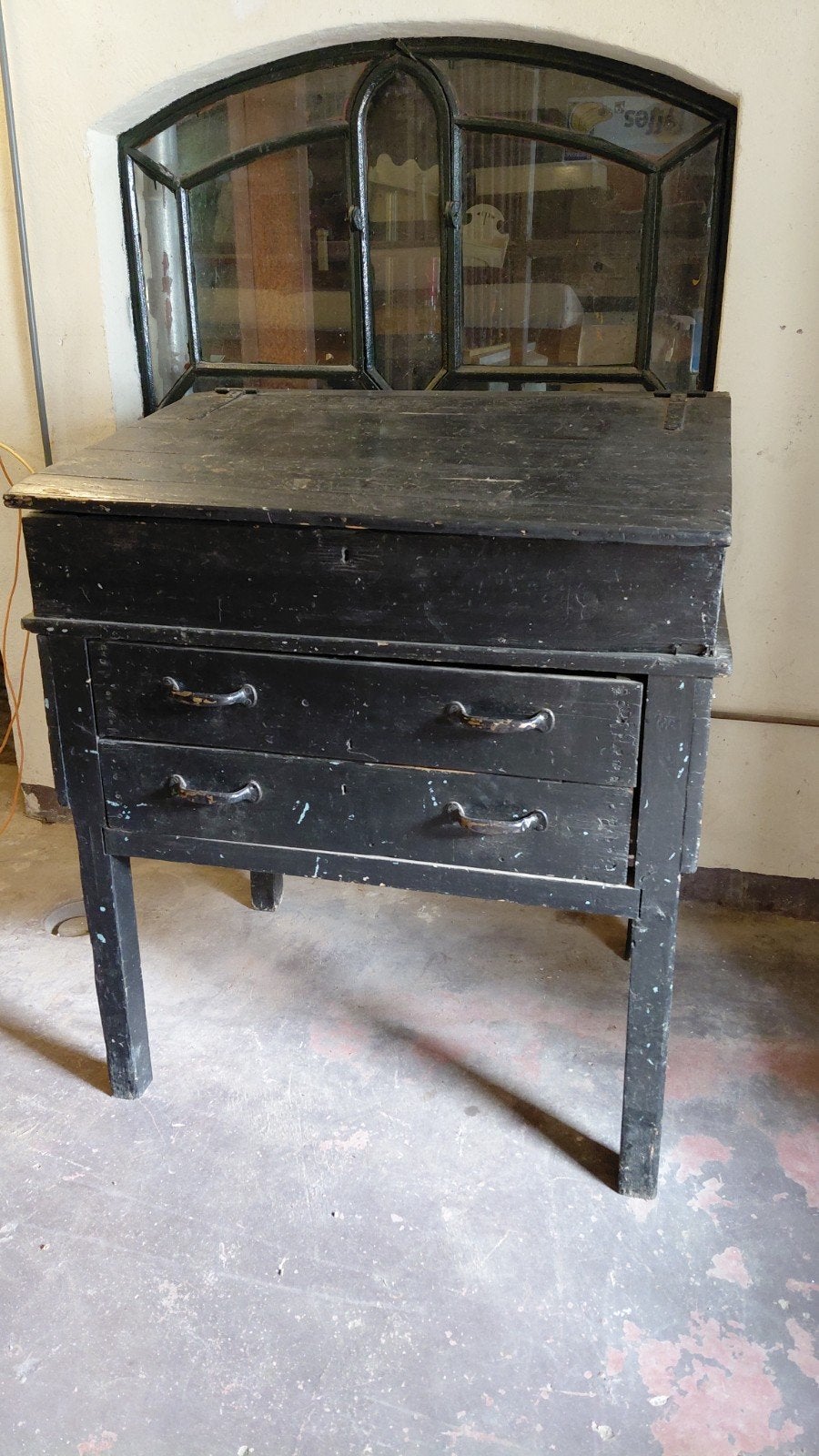 Vintage Zwart Houten Lessenaar / Oppottafel met Lades, Ophalen of Verzenden