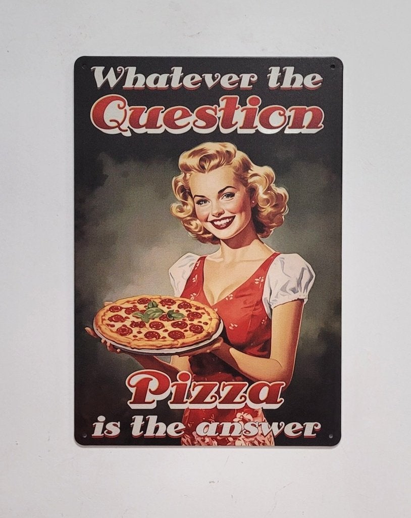 Whatever question Pizza answer reclamebord van metaal deco, Info@deconoord.nl, Deco Noord, Nieuw, Ophalen of Verzenden