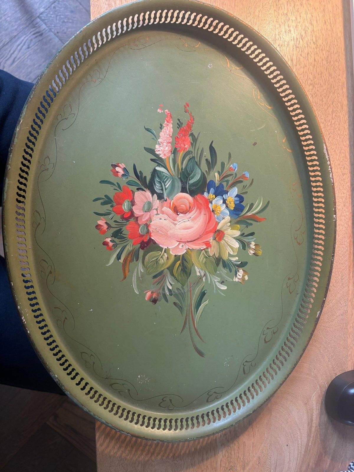 Vintage Groen Dienblad met Handgeschilderde Bloemen, Ophalen of Verzenden
