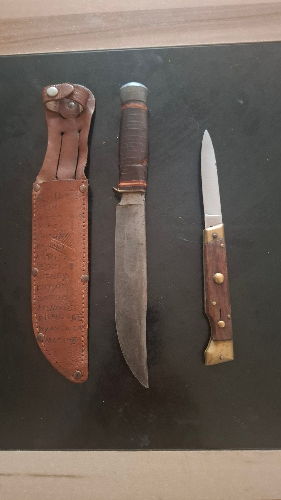 Vintage Jachtmes en Zakmes Set - Leer en Hout, Antiek en Kunst, Ophalen of Verzenden