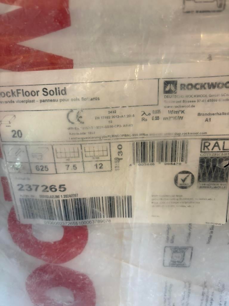 Rockwool Floor Solid 6  1/2 plaat 1000x625x20mm Rd 0,55, Doe-het-zelf en Verbouw, Isolatie en Afdichting, Steenwol, Zo goed als nieuw