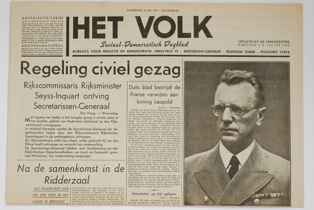 Krant Het Volk 30 mei 1940 Tweede Wereldoorlog | Heruitgave, Verzamelen, Zo goed als nieuw, Verzenden, Amsterdam, Overige soorten