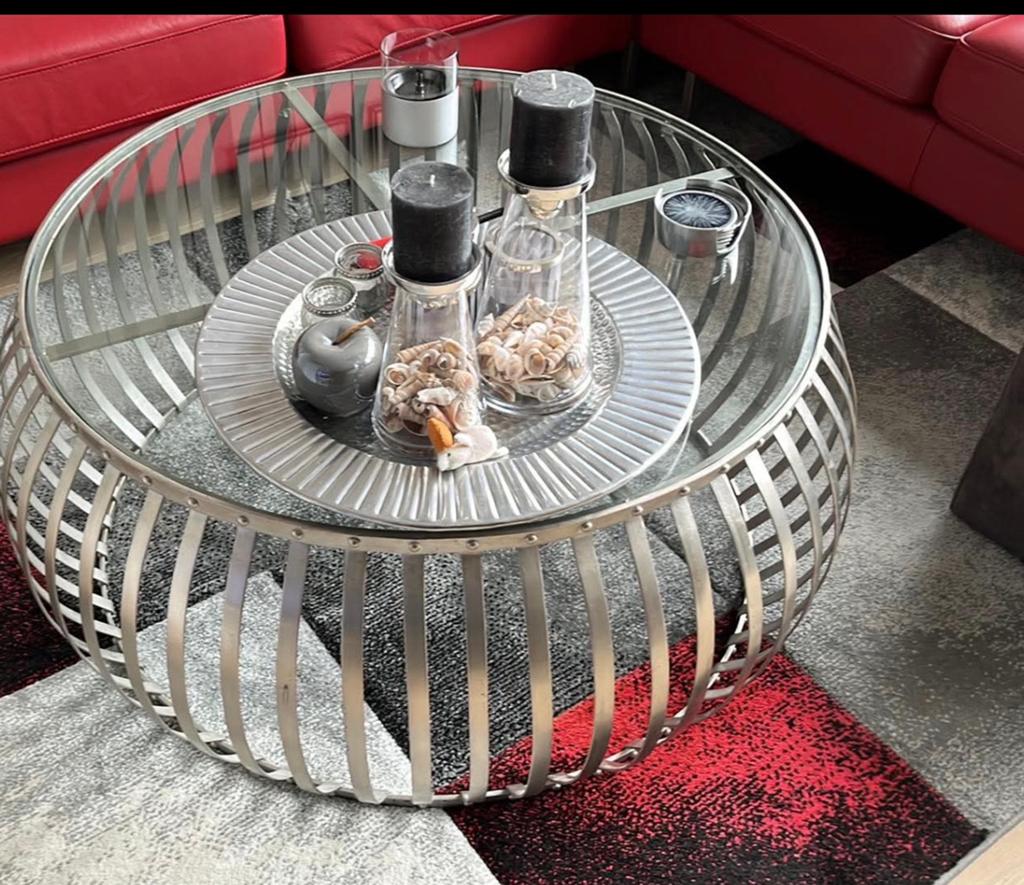 Moderne Salontafel met Glazen Blad - Hoogte 46 cm, Ophalen, Gebruikt, Rond, 50 tot 100 cm
