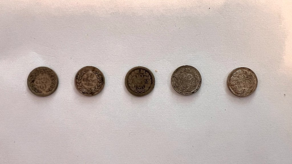 Vijf dubbeltjes 1889 - 1941 (Willem III / Wilhelmina), Setje, Zilver, Ophalen of Verzenden, 10 cent