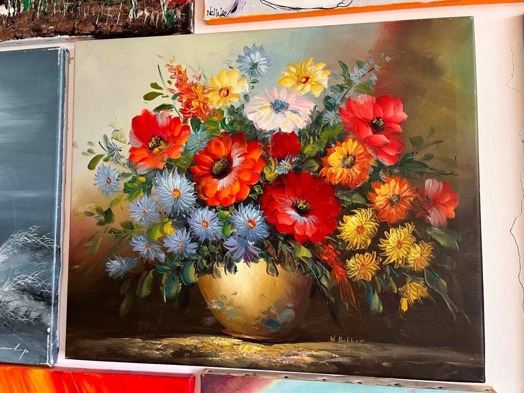 Oud klassiek schilderij van W. Bakker, Antiek en Kunst, Kunst | Schilderijen | Klassiek, Ophalen, Klassiek, Origineel werk, Bloemen