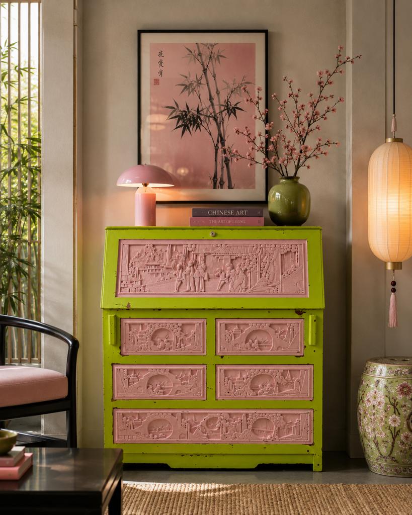 Vintage Chinese secretaire met Memphis jaren 80 repaint”, Ophalen, Eclectisch vintage statement piece