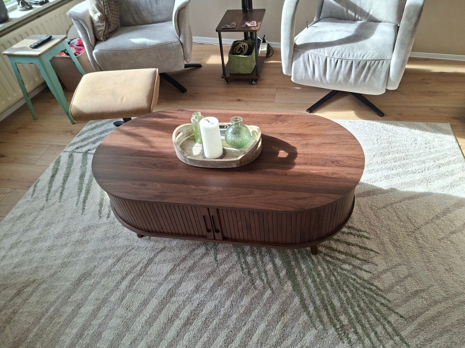 Zo goed als nieuwe walnoot salontafel met opbergruimte, Huis en Inrichting, Ophalen