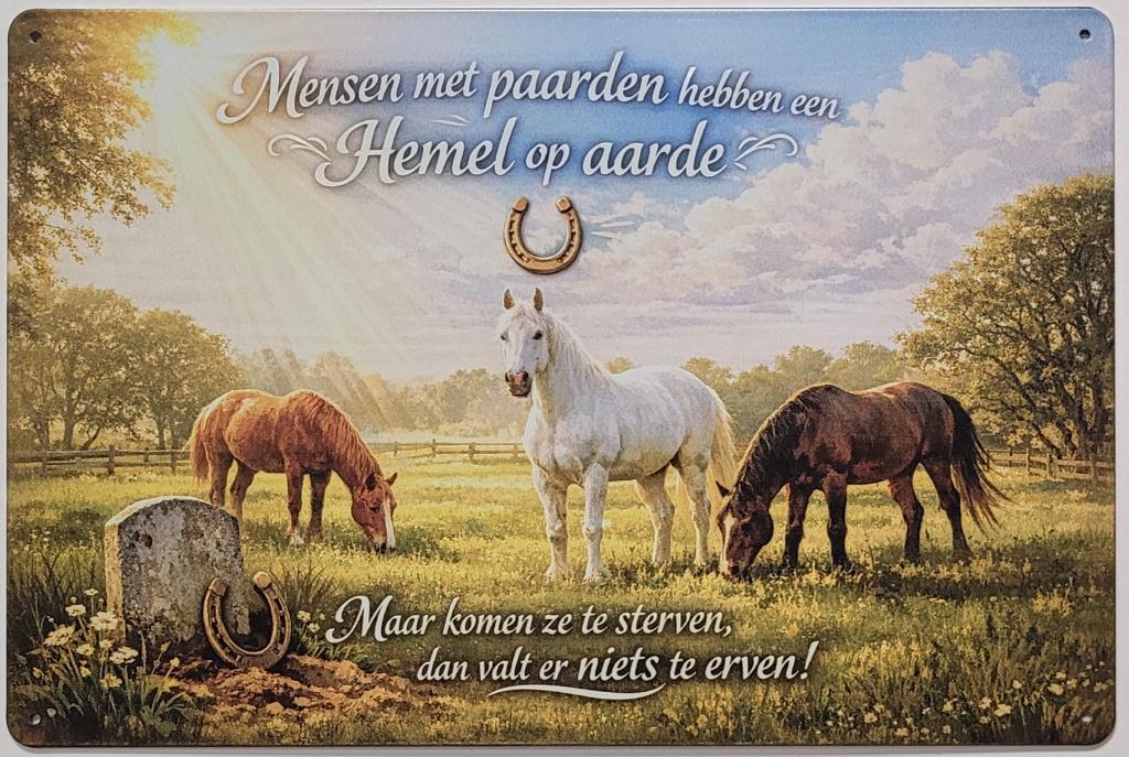 Mensen met paarden hemel reclamebord van metaal wanddeco, Info@deconoord.nl, Deco Noord, Nieuw, Ophalen of Verzenden