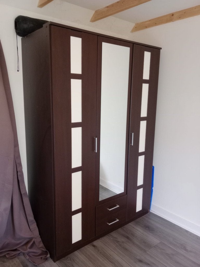 kledingkast met spiegel en twee lades, Ophalen, Overige materialen, 100 tot 150 cm, 150 tot 200 cm