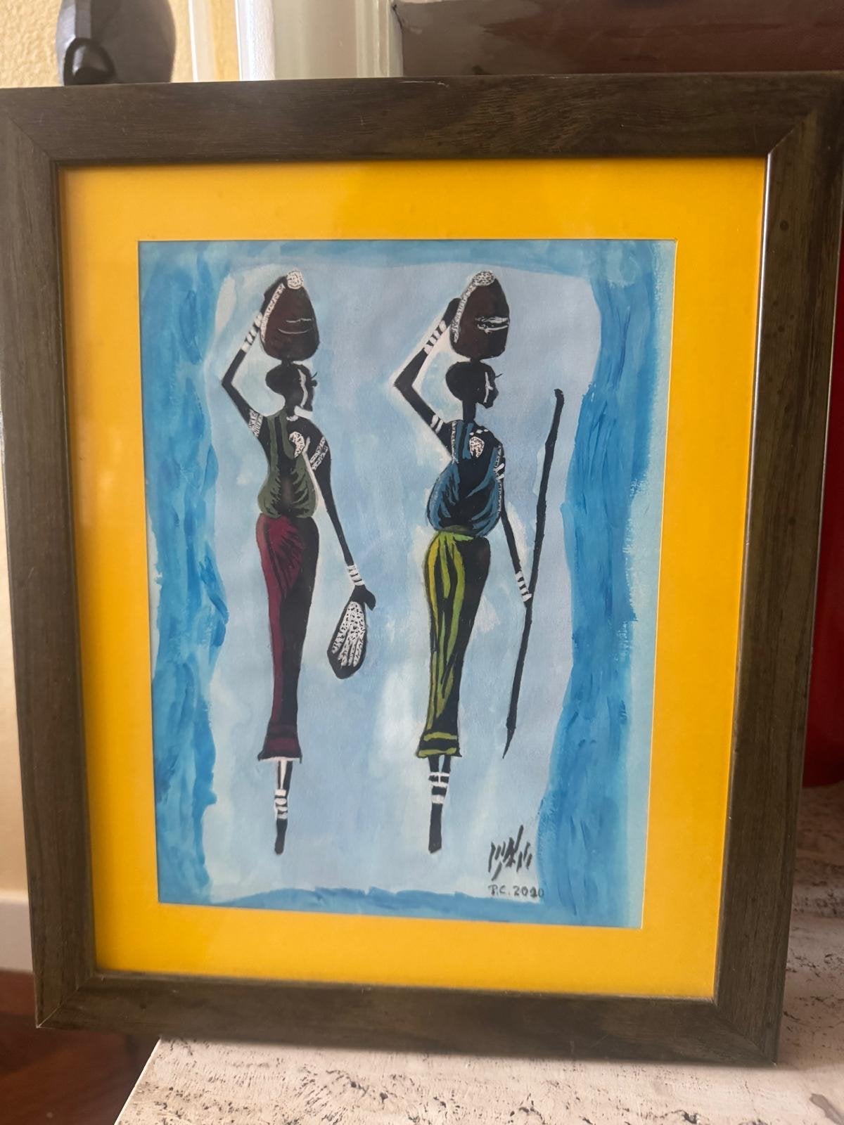 Afrikaans schilderij van vrouwen met waterkruiken, Schilderij, Afrika, Ophalen of Verzenden, Papier/karton