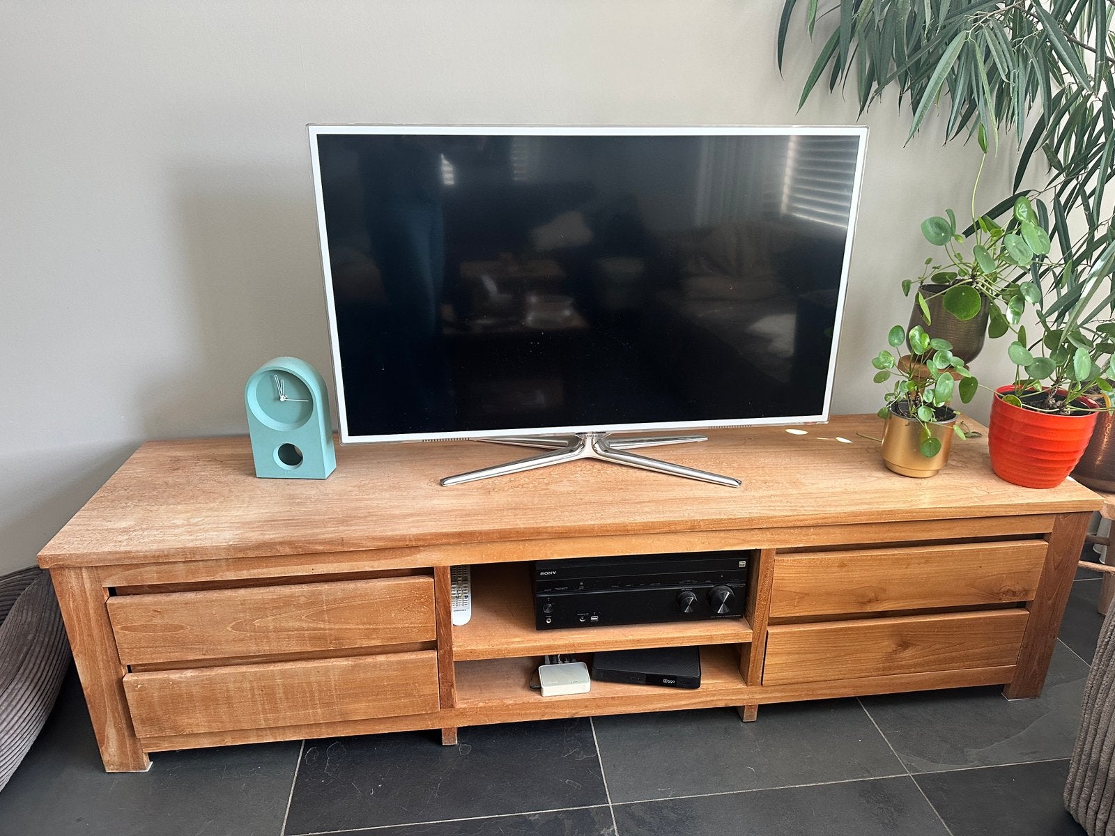 Teak tv meubel, Huis en Inrichting, Kasten | Televisiemeubels, Ophalen, Teakhout, Zo goed als nieuw, 200 cm of meer