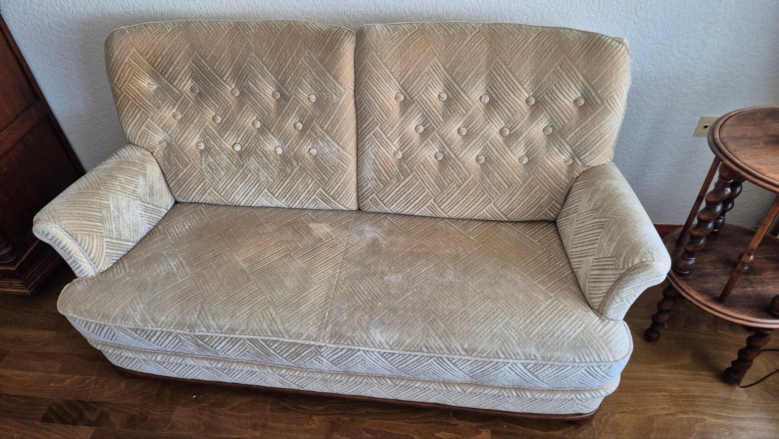 Vintage fauteuil en tweezitsbank - Crèmekleurig, Ophalen, Gebruikt, 150 tot 200 cm, Tweepersoons
