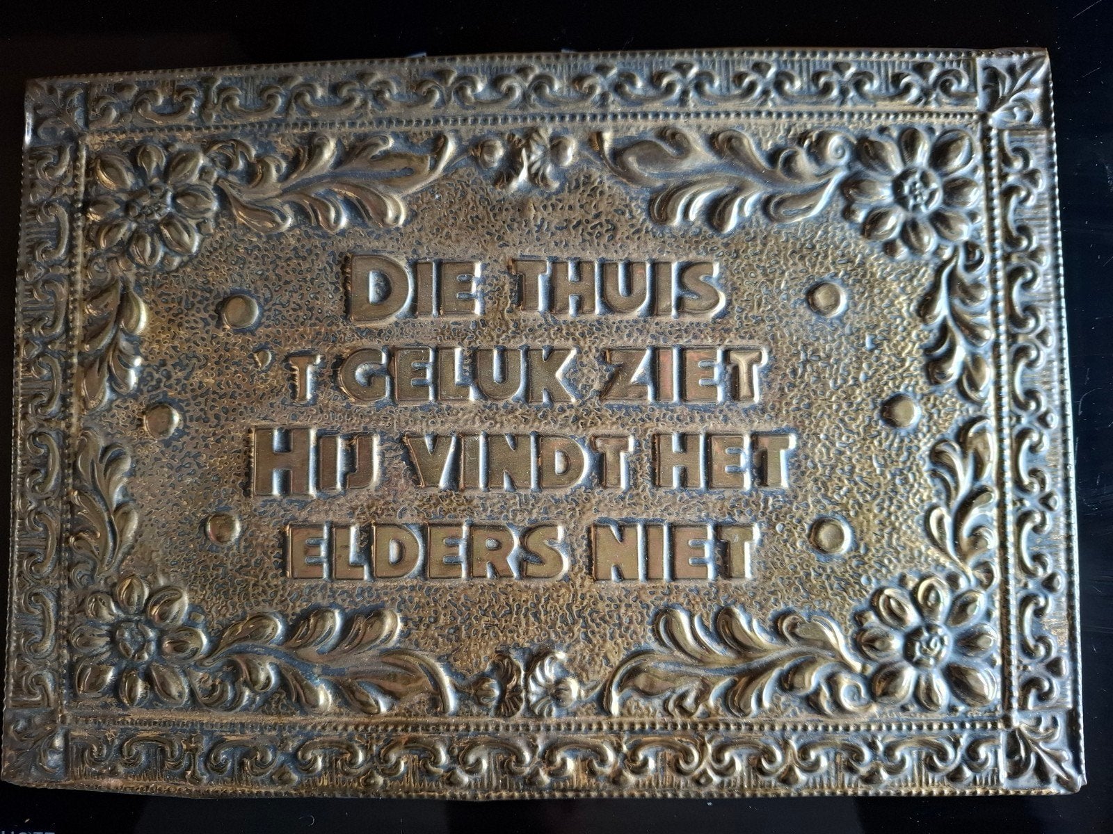 oude spreuk op koperen plaat, Antiek en Kunst, Ophalen of Verzenden