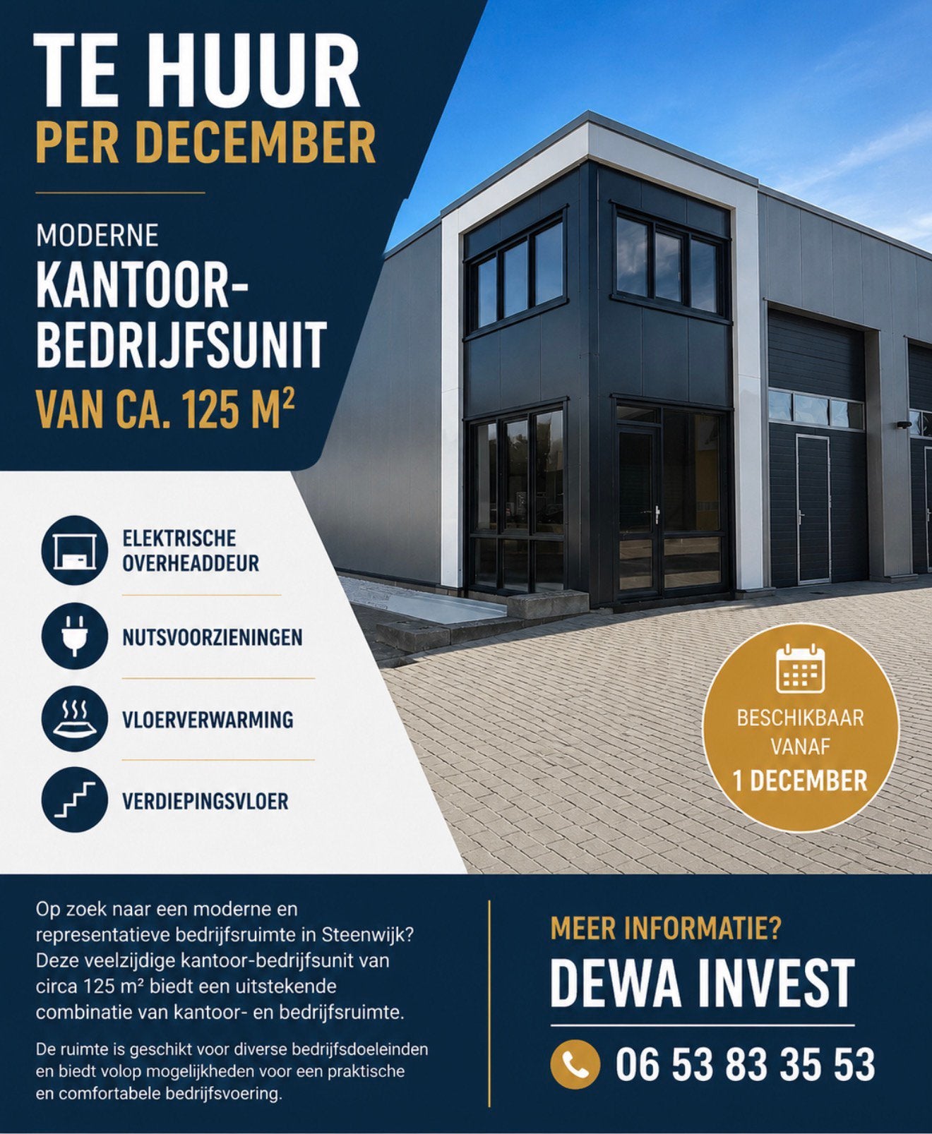 Bedrijfspand op A1 locatie te Steenwijk te huur. (Nieuw), 125 m², Huur, Bedrijfsruimte