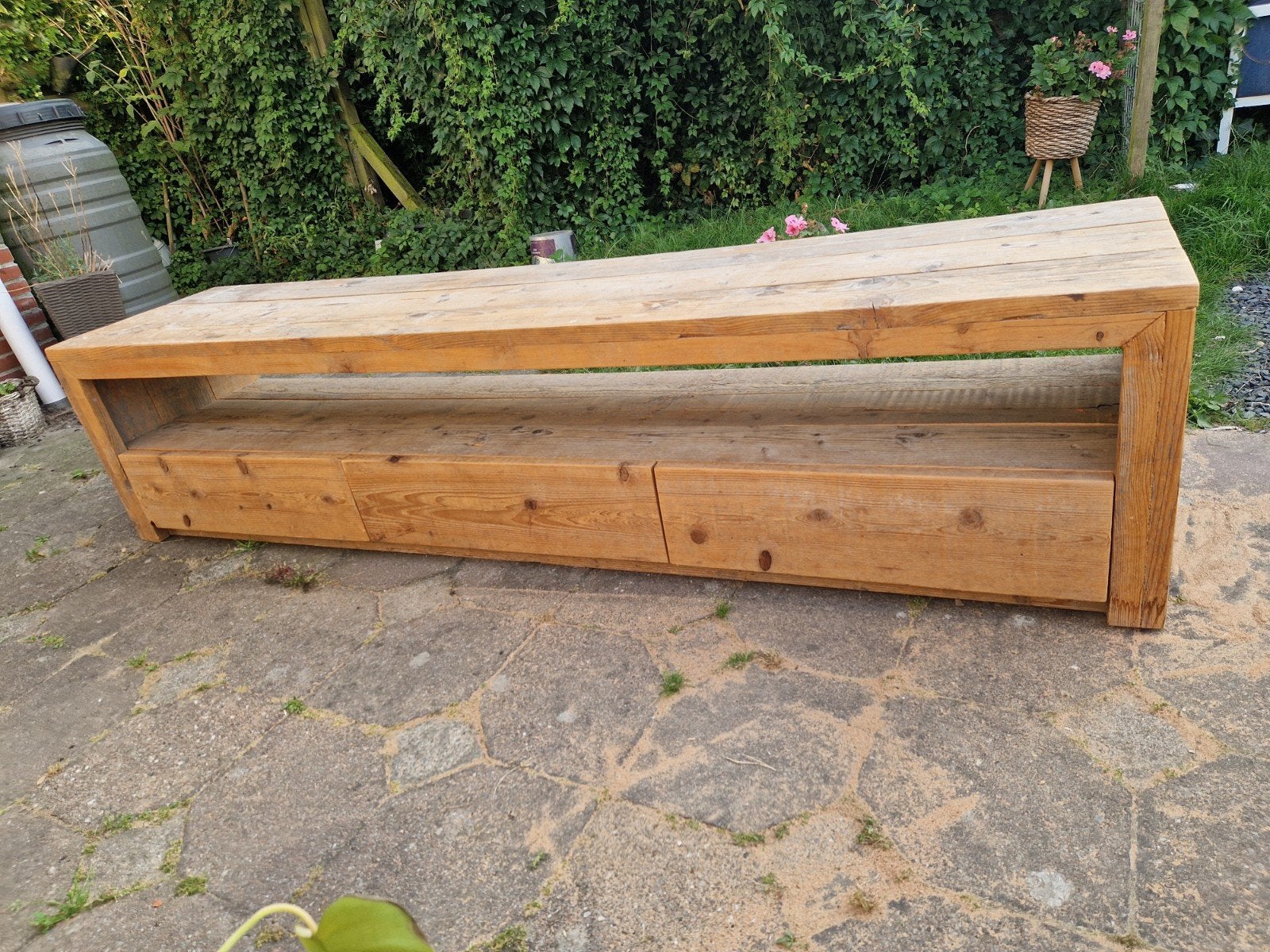 Steigerhouten TV meubel, Ophalen, Gebruikt, 150 tot 200 cm, Minder dan 100 cm