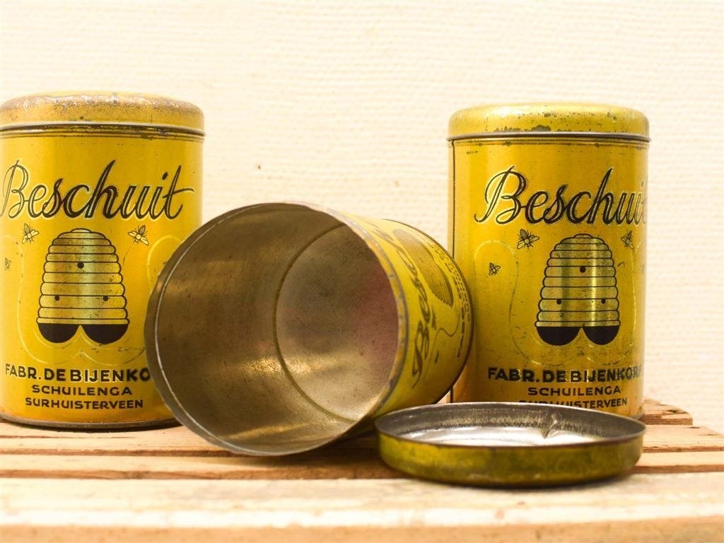 Vintage beschuitblikken Fabr. De Bijenkorf 52093, Antiek en Kunst, Ophalen of Verzenden