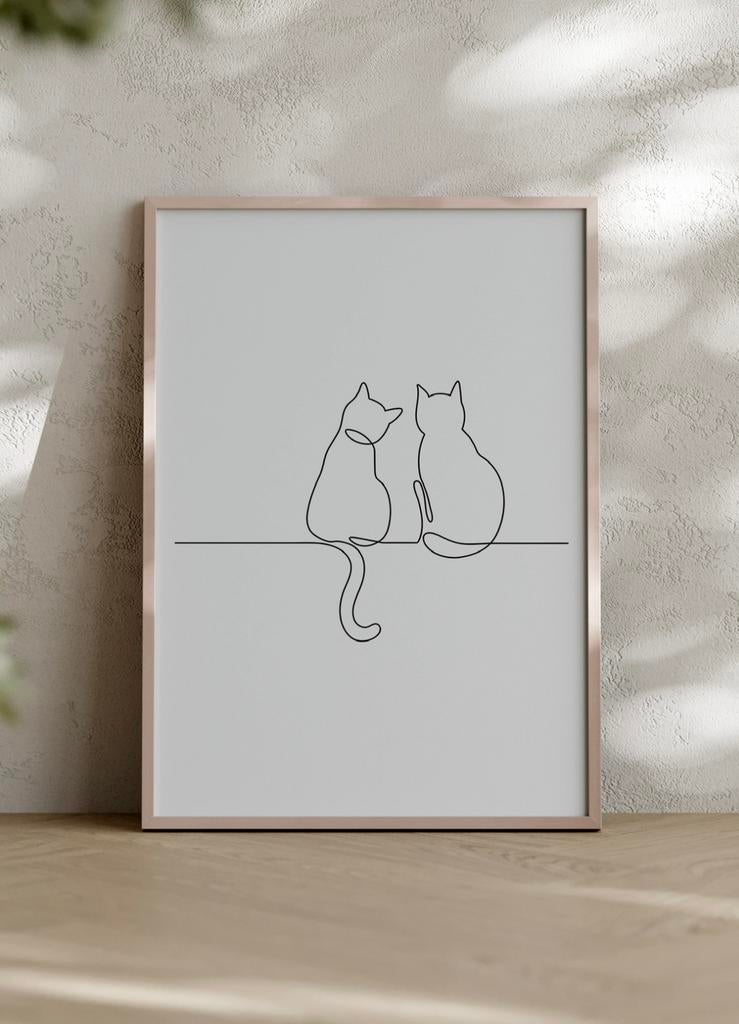 Minimalistische Katten Line Art A4 – Twee Katten Samen, Ophalen of Verzenden, Nieuw