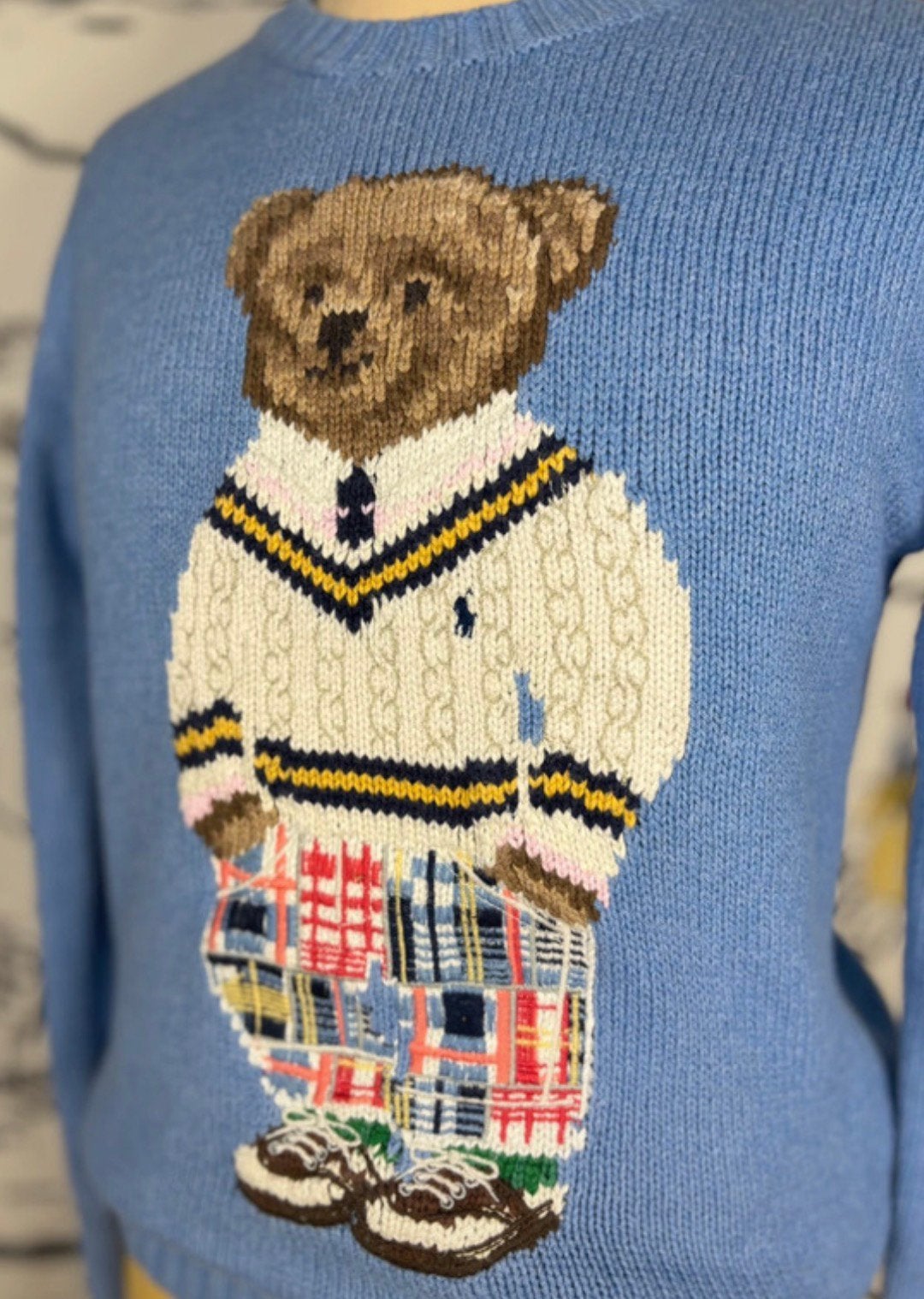 Ralph Lauren jongens lavendelblauwe trui met beer maat 8, Trui of Vest, Ophalen of Verzenden, Zo goed als nieuw, Ralph Lauren