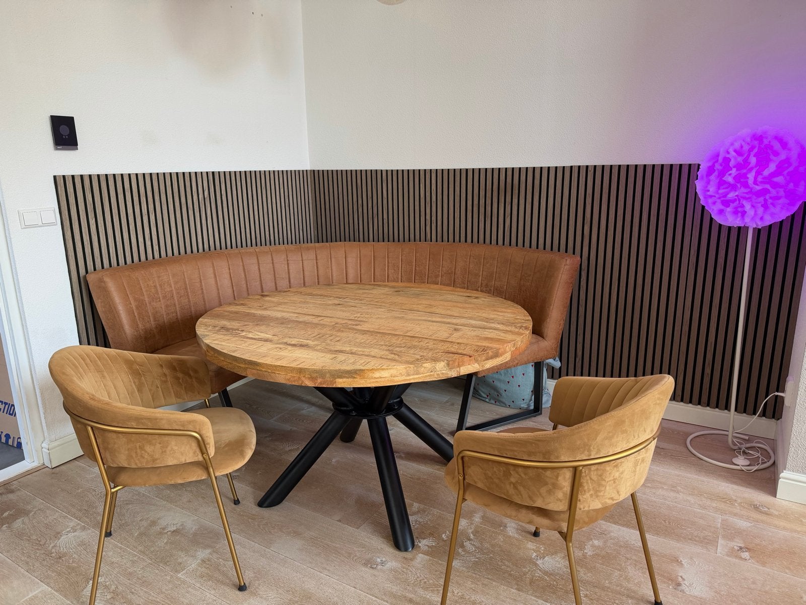 Ronde eettafel met bank en stoelen, Ophalen, Gebruikt, 100 tot 150 cm, Rond