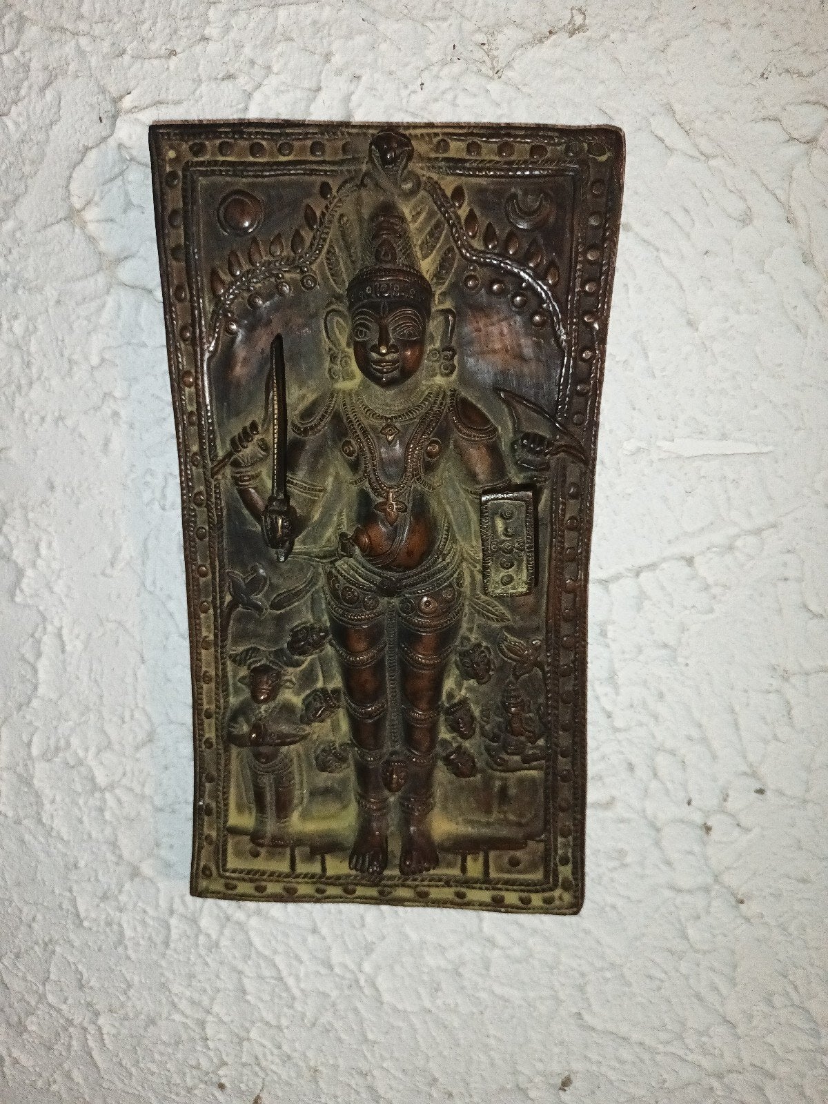 Antiek bronzen reliëf van Vishnu uit India. 14 bij 25 cm, Bruin, India, Ophalen of Verzenden, Reliëf
