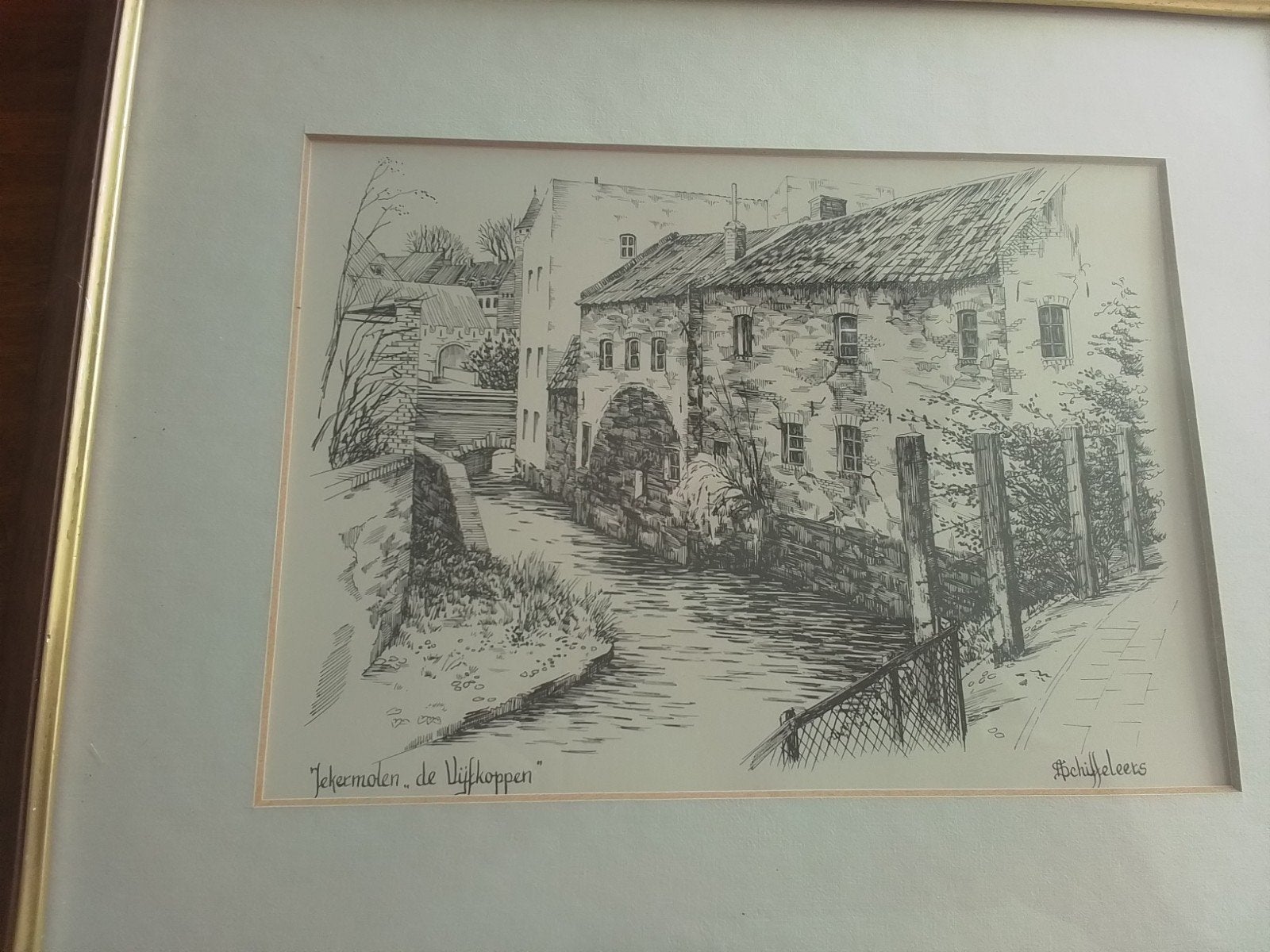 Jekermolen "de Vijfkoppen" - Schiffeleers - Ingelijst, Ophalen of Verzenden, Tekening, Pentekening, Ingelijst