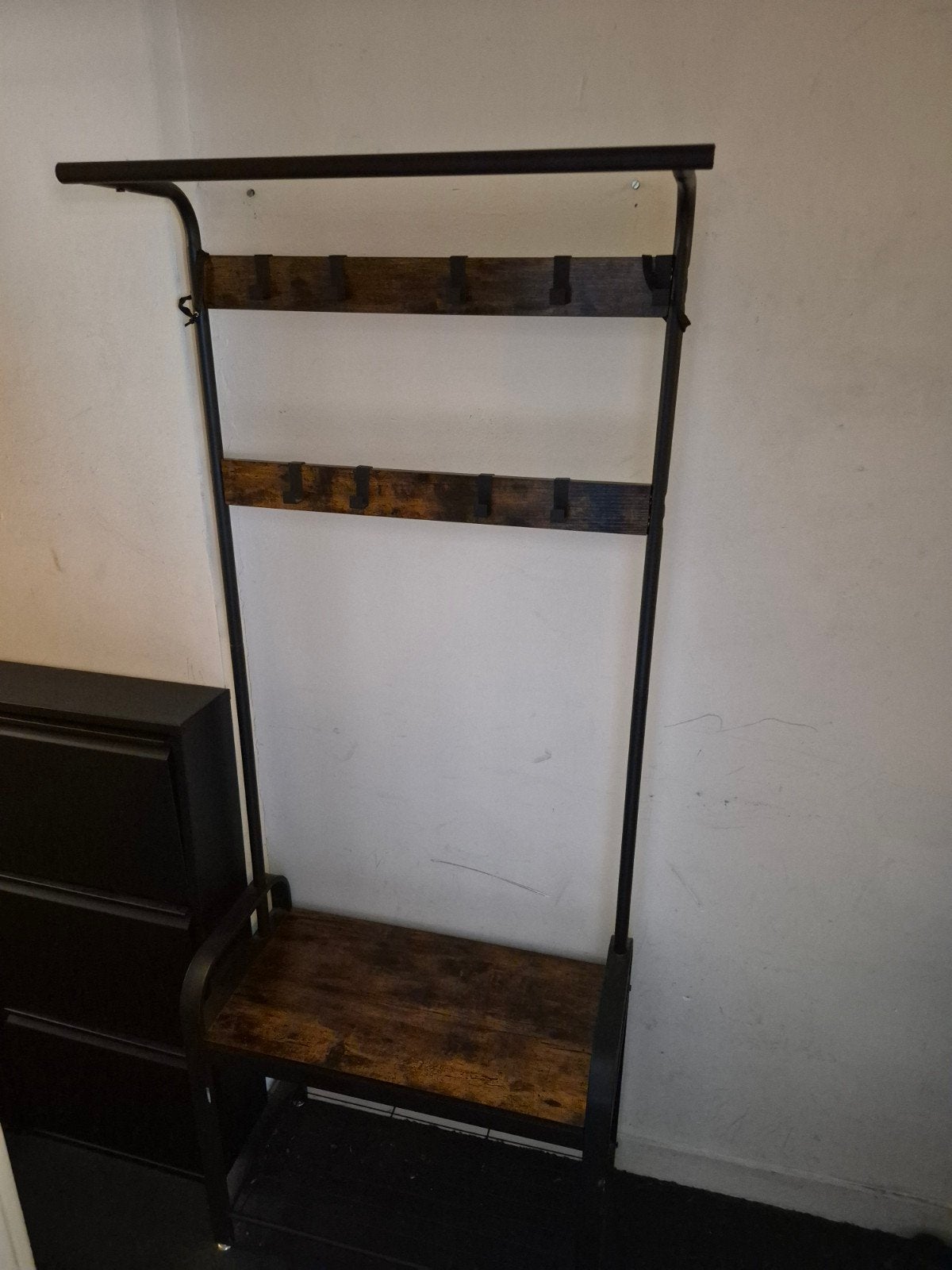 Kapstok met bankje en opbergruimte - Industrieel design, Huis en Inrichting, Ophalen, Zo goed als nieuw, Metaal, Staande kapstok