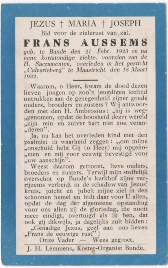 Frans Aussems 1923 Bunde + 1932 Maastricht, 9 jaar oud, Verzamelen, Verzenden
