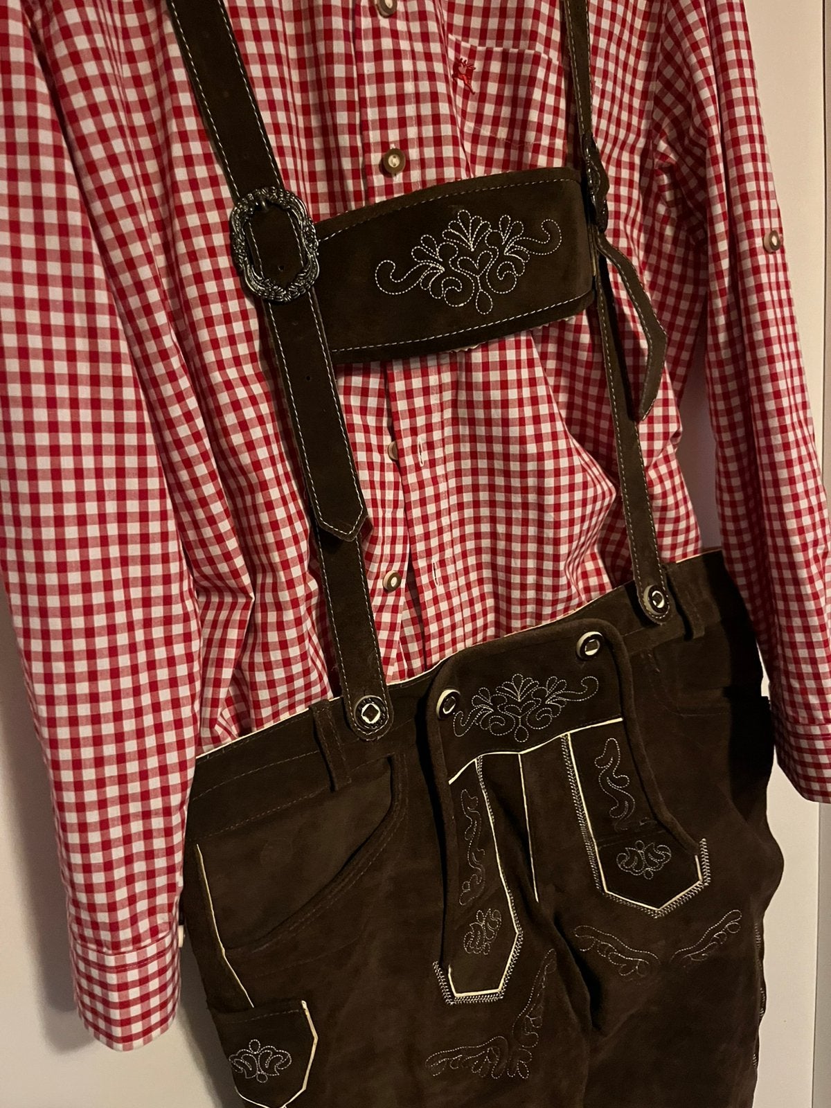 Echte leren lederhosen met blouse, Ophalen of Verzenden, Zo goed als nieuw, Maat 52/54 (L), Overige thema's