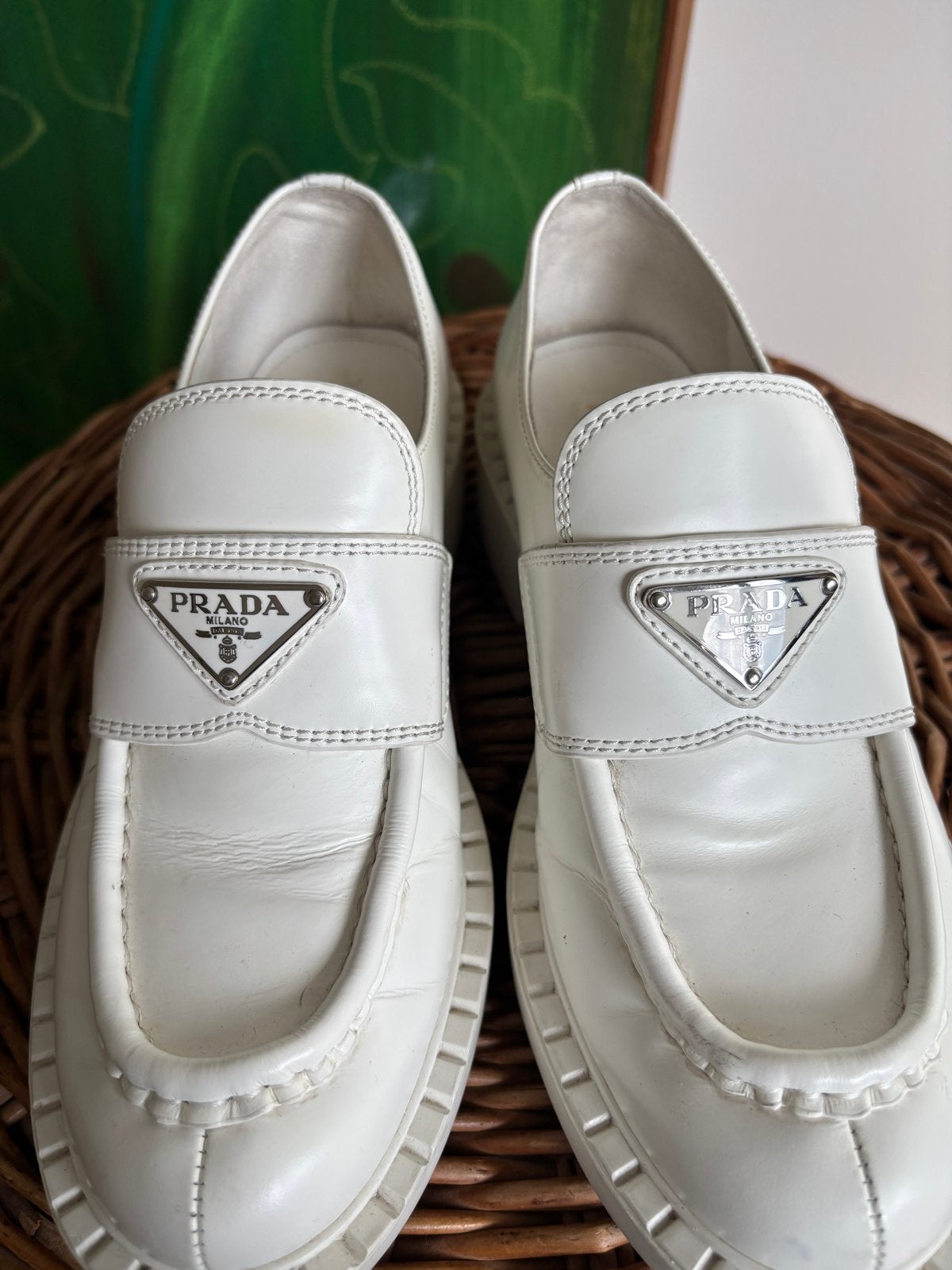 Prada Platform Loafers Wit Leer Maat 37, Ophalen of Verzenden, Zo goed als nieuw, Wit, Instappers