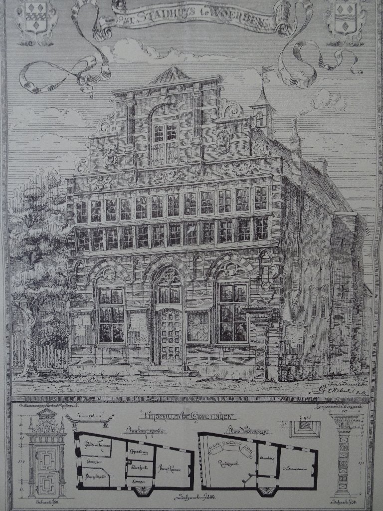 Fotolitho Stadhuis Woerden G. van Arkel 1885, Antiek en Kunst, Origineel, Ophalen of Verzenden, Overige onderwerpen, Overige techniek