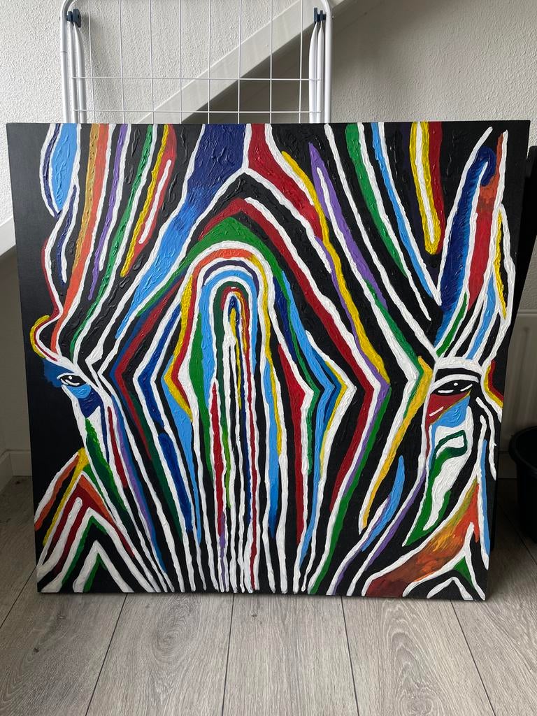 Handgemaakt kleurrijk zebra schilderij - 100x100 cm, Ophalen