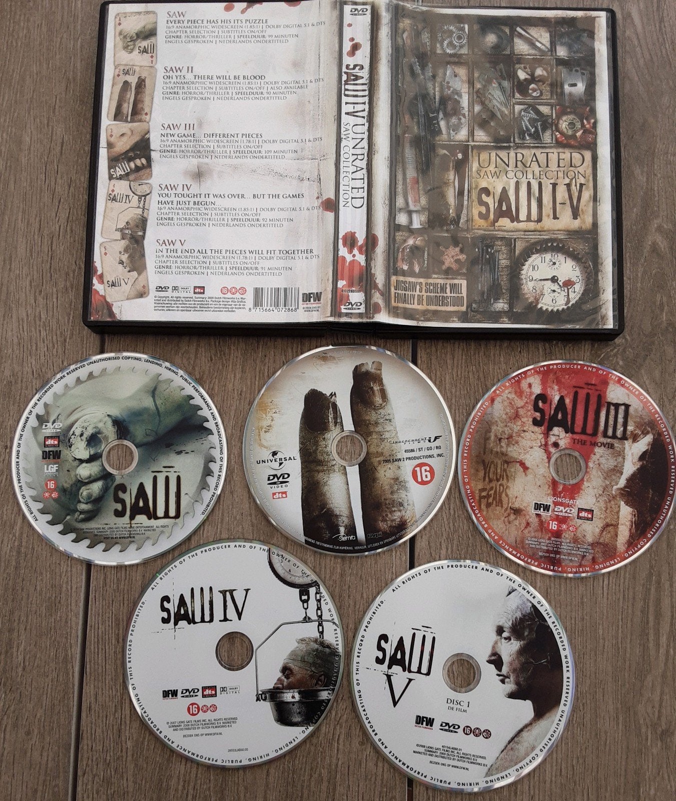 Saw I-V Unrated Collection deluxe 5 DVD Boxset, Horror, Vanaf 16 jaar, Speciale editie, Nederlands