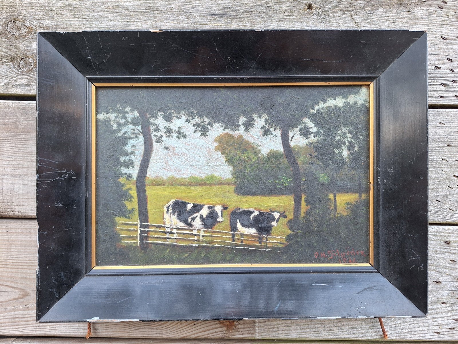 Olieverfschilderij op paneel van P.H. Schroder (1934), Antiek en Kunst, Kunst | Schilderijen | Klassiek, Paneel, Dieren, Ophalen of Verzenden