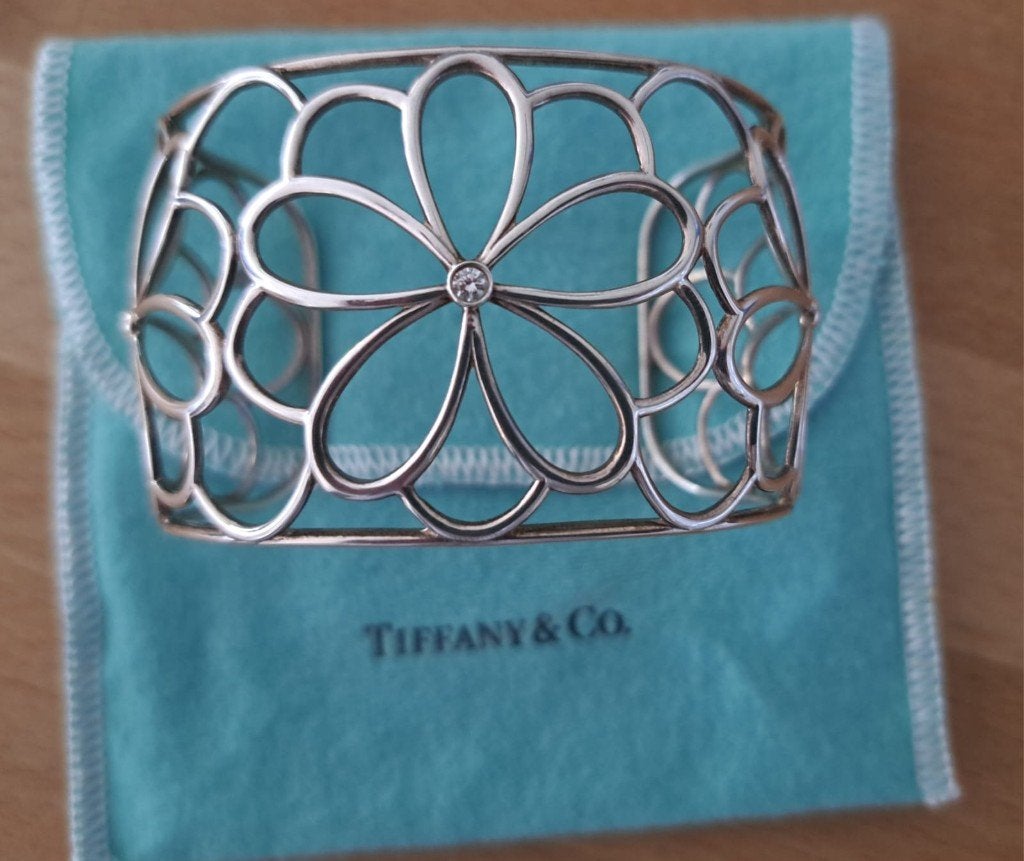 Tiffany & Company pols klem armband model Garden met diamant, Ophalen, Zo goed als nieuw, Met edelsteen, Zilver