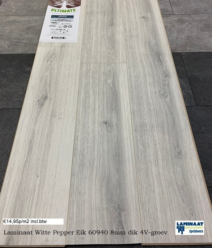 Laminaat Witte Pepper 940 8mm 4V-groev AC-5 Klasse 33, 75 m² of meer, Laminaat vloer wit grijs, Nieuw, Ophalen of Verzenden