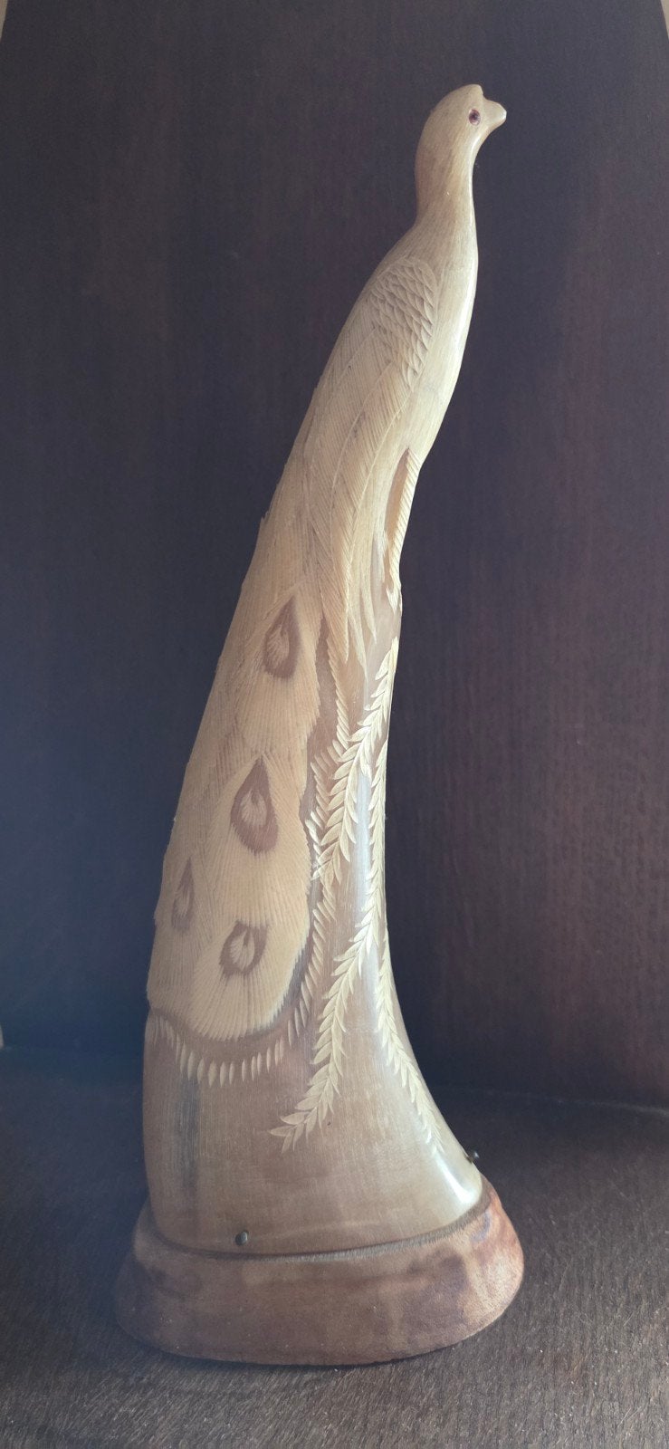 ​Prachtige Handgesneden Buffelhoorn Pauw – Vintage Huisdecor, Ophalen of Verzenden, Zo goed als nieuw, Dier