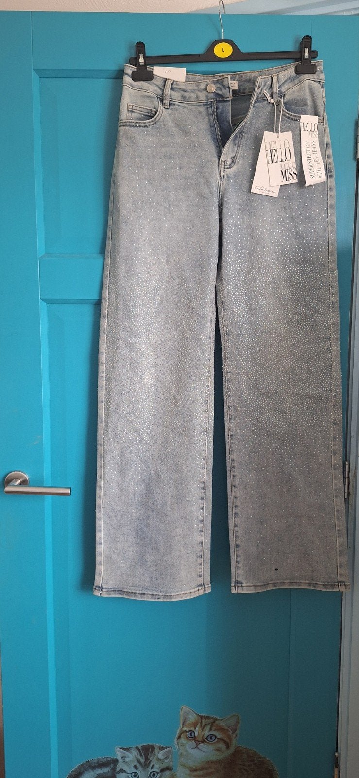Glitter Broek Maat 42/XL - Hello Miss Premium Denim, Kleding | Dames, Broeken en Pantalons, Blauw, Maat 42/44 (L), Nieuw, Ophalen of Verzenden